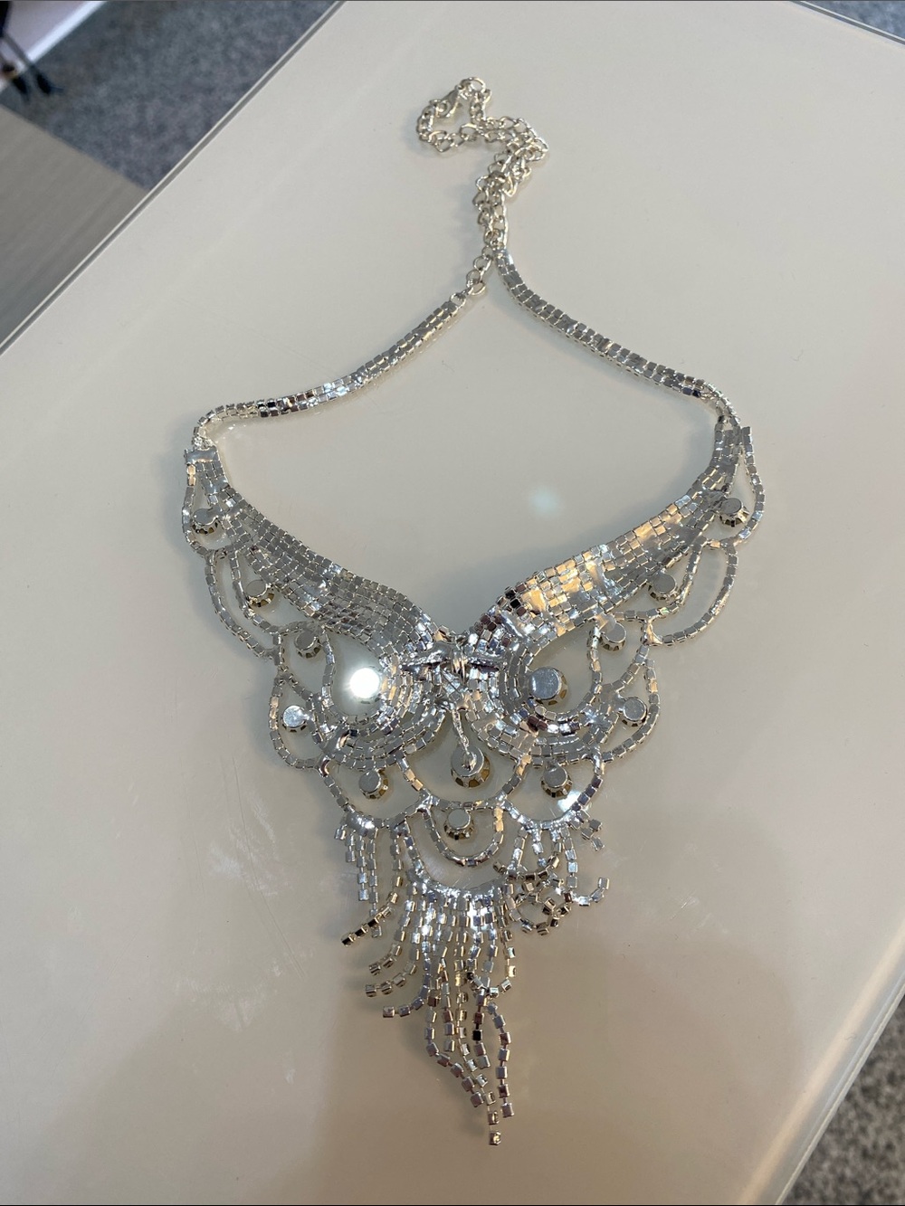 Crystal Statement Bib Necklace - Silver Tone - Picture 5 of 8